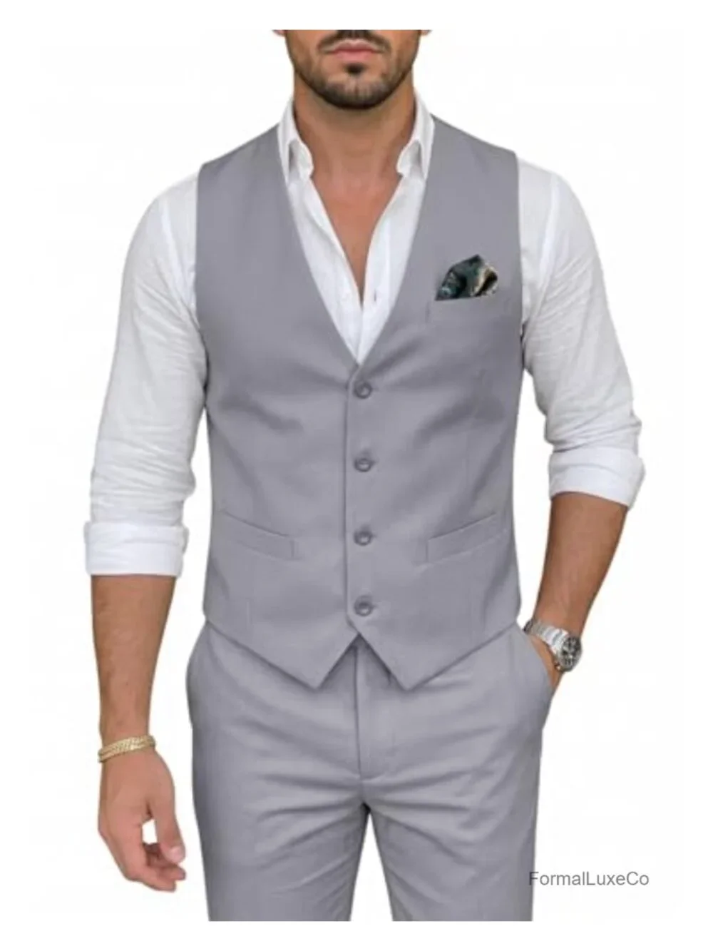 Men's 2-Piece Slim Fit Suit Set with V-Neck Vest & Adjustable Pants - Wedding